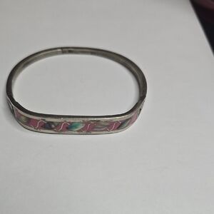 Elegant Sterling Silver Bangle. Abalone and Pink Enamel or Shell Design.